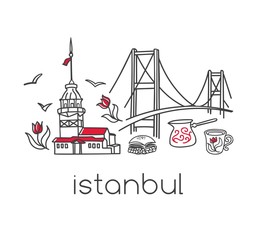 Wall Mural - Istanbul. Hand drawn doodle turkish symbols: bridge, coffe cup, bagel, tower, tulip. Minimal design with black outline isolated on white. Modern vector illustration.