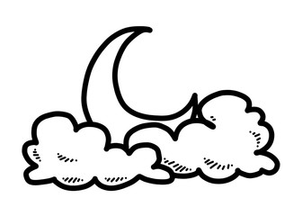 Canvas Print - moon, cloud and star / cartoon vector and illustration, black and white, hand drawn, sketch style, isolated on white background.