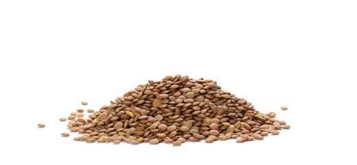 pile of green lentils isolated on white background