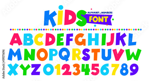 Fotografía Kids font in the cartoon style, alphabet and numbers