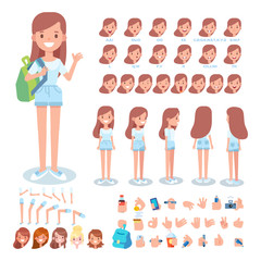 Wall Mural - Front, side, back view animated character. Teenage girl character creation set with various views, hairstyles, face emotions, poses and gestures. Cartoon style, flat vector illustration.