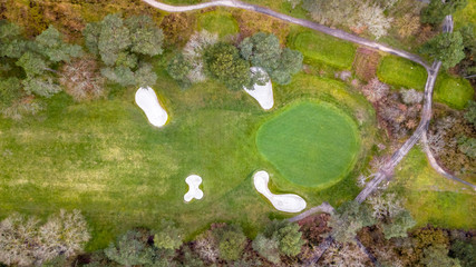 Poster - Drone view of a golf course with colorful trees and a beautiful surrounding nature