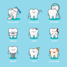 Happy Teeth Set. Cute Tooth Characters. Dental Personage Vector Illustration.
