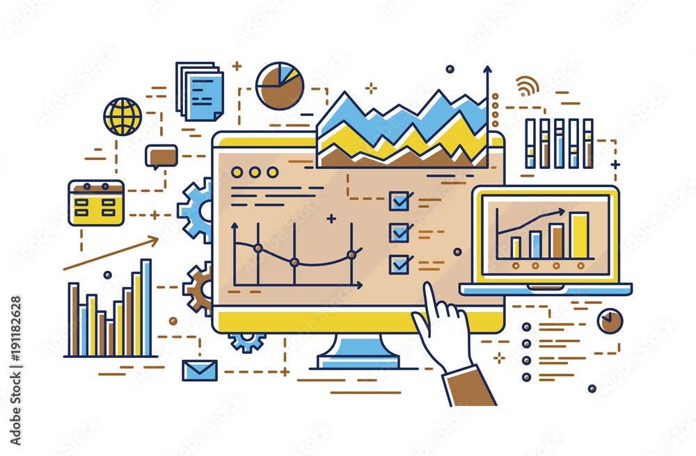 Finger pointing at computer screen with various diagrams, bar and pie ...