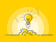 Light bulb rocket launch for idea boost. Trendy flat vector on yellow  background. Vector Illustration. 