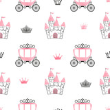 Fototapeta Fototapety na ścianę do pokoju dziecięcego - Seamless princess pattern with castles, crowns and carriages. Vector background.