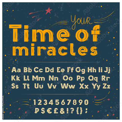 Retro font vector illustration of Latin alphabet letters, numbers and special...