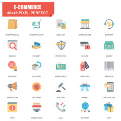 Poster - Simple Set of E-commerce Related Vector Flat Icons. Contains such Icons as Shop, Delivery, Shopping bag, Sale, Wallet, Online Support, Price Tag and more. Editable Stroke. 48x48 Pixel Perfect.