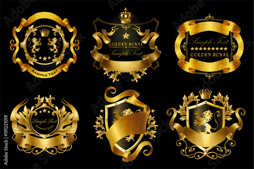 Foto Vector set of golden royal stickers with crowns, shields, ribbons, lions, stars isolated on black background