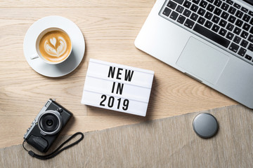 Wall Mural - New in 2019 written on lightbox in office as flatlay