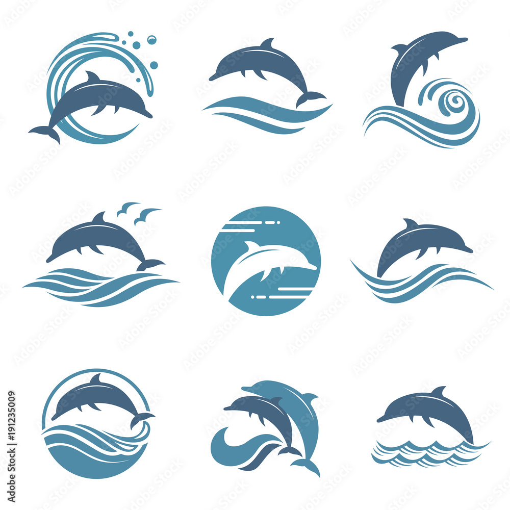 collection with abstract emblem of dolphin and sea wave - obrazy, fototapety, plakaty 