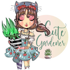 Wall Mural - Cute gardener little girl with green flower, fashion girl with close eyes, kitty hat and cherry dress, cartoon character, hand drawn vector illustration