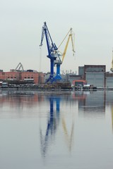 Wall Mural - Port cranes on the shore with reflection in water