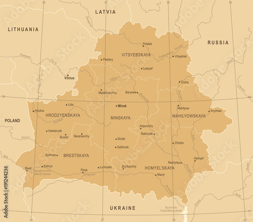 Fotomural Belarus Map - Vintage Detailed Vector Illustration