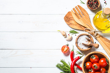 Food background on white wooden table.