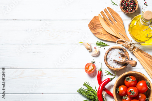 Photo Stock Food background on white wooden table. | Adobe Stock