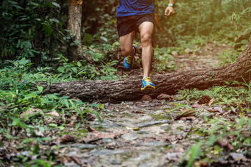 Athletic runner jumping cross tree trunk on tropical forest trail