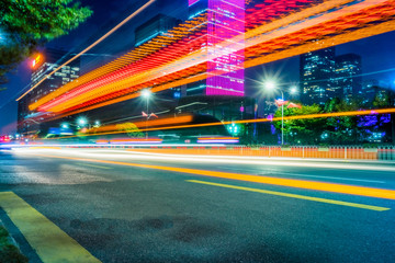 the light trails on the modern building background.