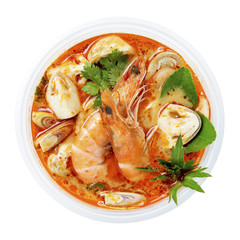 Wall Mural - Tom Yum Goong Thai hot spicy soup on white background