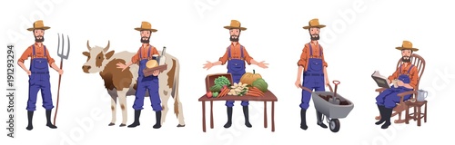 Fotografía Farmer working at farm, caring for the cow, selling farm products and resting