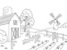 Farm Field Graphic Black White Landscape Sketch Illustration Vector