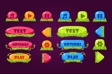 Wall Mural - Colorful set of various buttons for computer game or mobile app. Play, pause, sound, options, board for menu. Place for text. Flat vector design for gaming interface