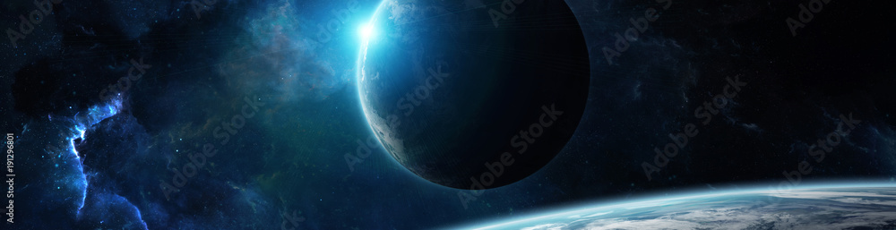 Panorama of distant planet system in space 3D rendering elements of this image furnished by NASA - obrazy, fototapety, plakaty 