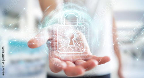 Fotografía Businessman using digital padlock with data protection 3D rendering