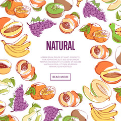 Wall Mural - Natural tropical fruits poster with pear, orange, kiwi, grapes, banana, melon, apricot, mango and avocado on white background. Sweet delicious food, vegan nutrition, eco farming vector illustration