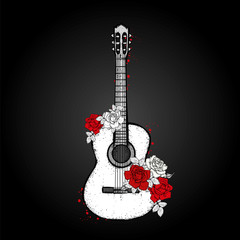 Acoustic guitar and roses. Bouquet of flowers. Vector illustration.