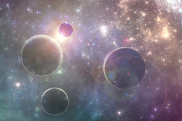 Wall Mural - fantasy deep space planets in colorful celestial clouds, 3d illustration