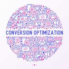 Wall Mural - conversion optimization concept in circle with thin line icons: marketing, customer management, seo 
