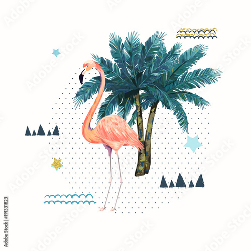 Abstract geometric poster with flamingo. Summer tropical design. Hand drawn v...