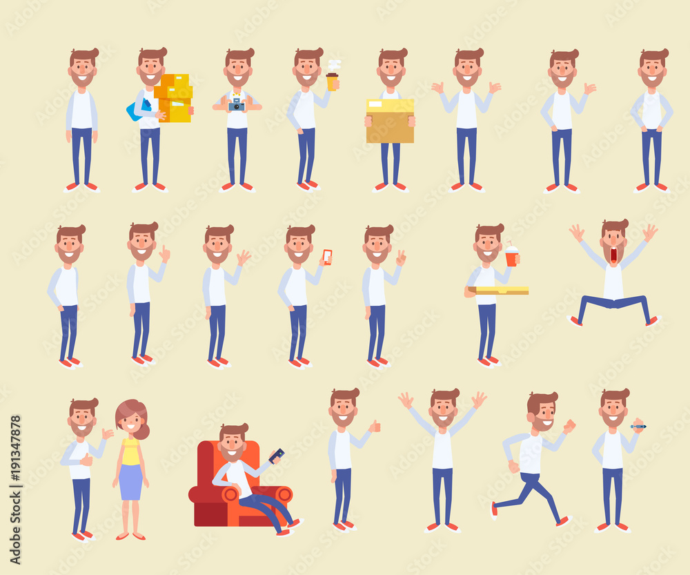 Set of young man in different poses. Vector cartoon character in a flat ...