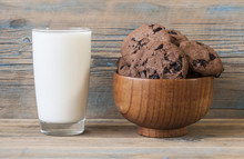 Tasty Chocolate Cookies With Glass Of Milk