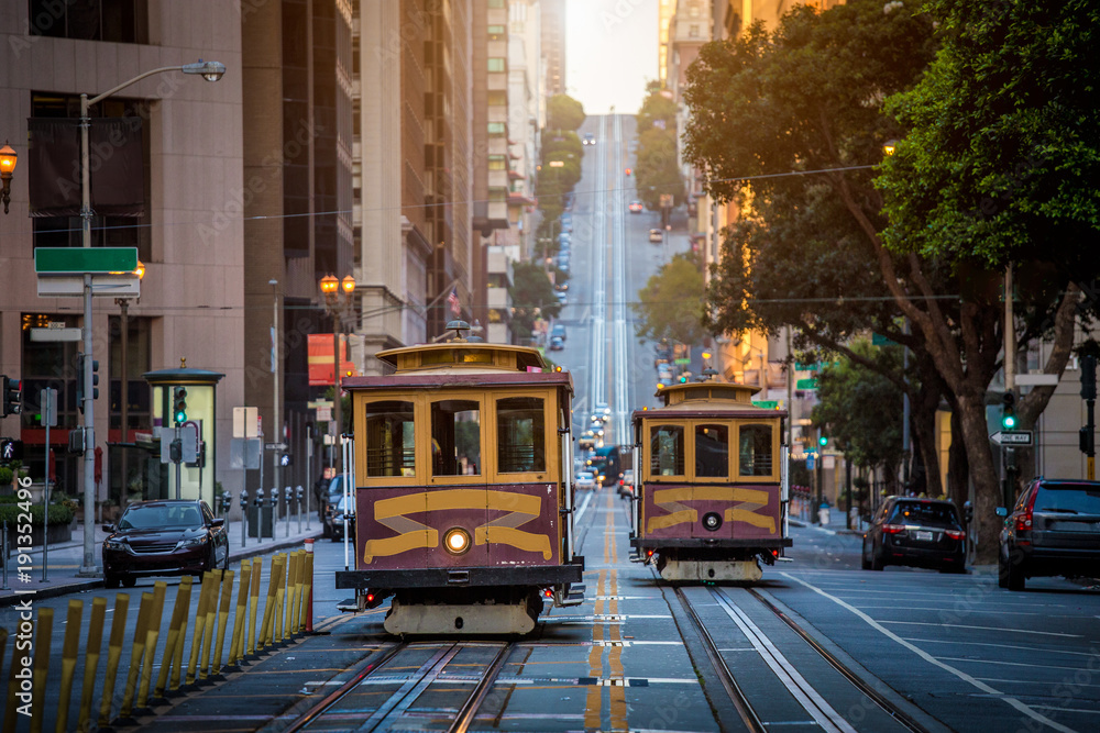 San Francisco Cable Cars on California Street at sunrise, California, USA - obrazy, fototapety, plakaty 