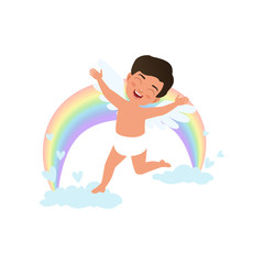 Wall Mural - Cute happy baby Cupid character jumping on clouds with rainbow, Happy Valentines Day concept vector Illustration