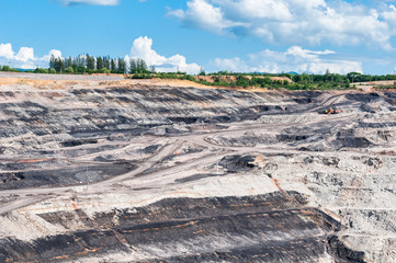 Wall Mural - Coal Mining industry used the mining machinery equipment extracting coal ores from the ground. Open-pit mine or surface mining extract coal to used for heavy industrial in Thermal Power Plant