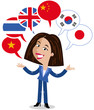 Asian vector cartoon woman, six speech balloons with flags, speaking languages Chinese, English, Vietnamese, Korean, Japanese, Thai