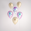 Set of iridescence holographic and gold foil balloons isolated on gray background. Trendy realistic design 3d elements for birthday, presentation, promo, party or other events.