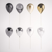 Set Of Glossy And Satin Black, White, Golden, Silver 3D Realistic Balloons On The Stick For Party, Events, Presentation Or Other Promotion Banner, Posters.