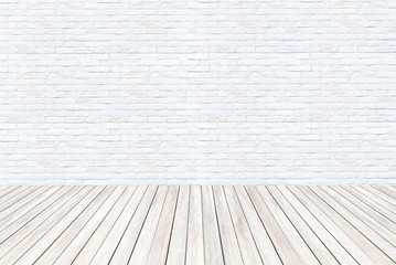 Wall Mural - interior room with white cement brick wall and wooden floor