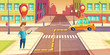 © vectorpocket - Vector urban navigation, taxi service application concept, advertising template. Illustration with young man character on street, smartphone, taxi car route with pointers, cartoon cityscape background