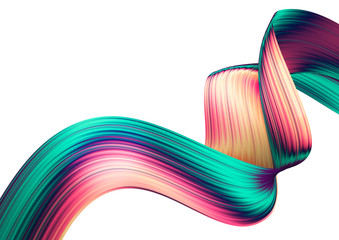 3D render abstract background. Colorful twisted shapes in motion. Computer generated digital art for poster, flyer, banner background or design element. Holographic foil ribbon on white background.