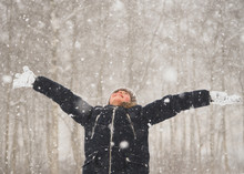 Little Girl With Arms Wide Open In Snow Weather.