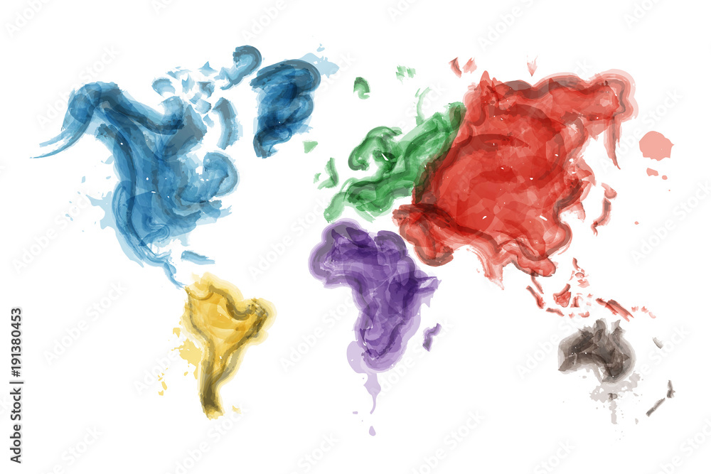 Watercolor painting design of world map and continents ( Ecological ...