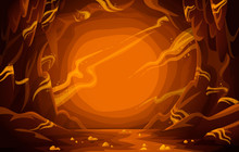 Treasury Cave. Goldmine. Cave With Gold. Cartoon Mountain Scene Background.