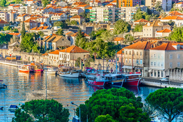 Wall Mural - Coastal town Dubrovnik scenery. / Aerial view at coastal town Dubrovnik in Southern Croatia, idyllic tourist resort in Europe, Mediterranean.