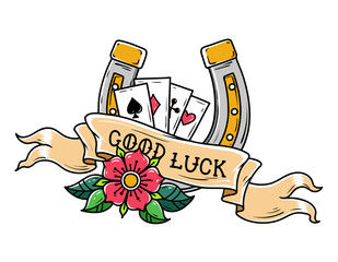 Wall Mural - Tattoo horseshoe, ribbon, flower and playing cards. Good Luck tattoo. Old school style. Lucky symbol