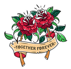 tattoo two red roses with ribbon. mutual love. ribbon with lettering together forever. illustration 